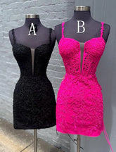 Black Lace Tight Homecoming Dress Spaghetti Straps Applique - MyChicDress